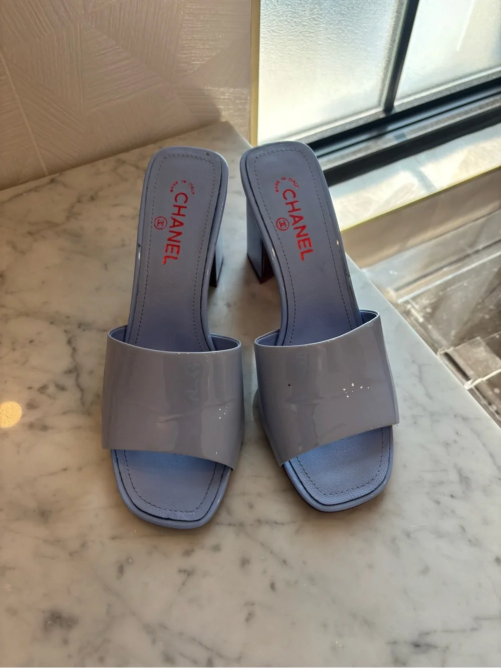Lilac & Pink Block Heel Sandals with Logo Accent